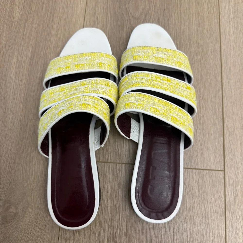 HH STAUD Yellow Tweed Triple Strap Slide Sandal White Leather Trim Flat Slide 38